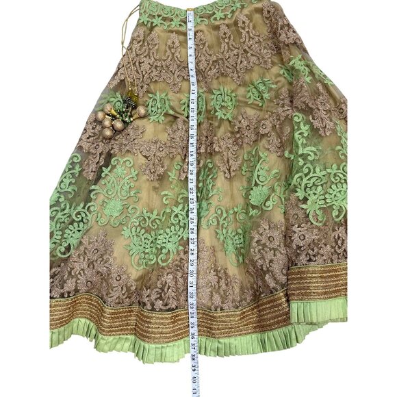 Vintage Embroidered Maxi Skirt Tassel-Detail Green & Gold Lace Indian Party XS/S - Picture 5 of 6